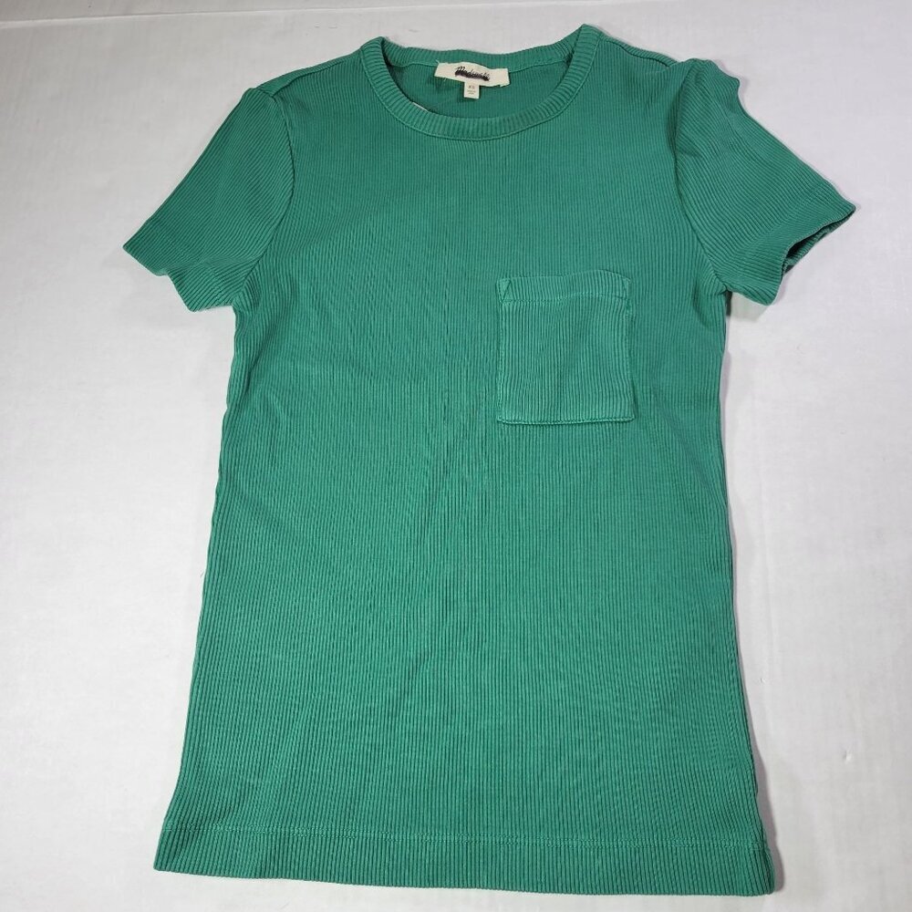 Madewell Women Green Garment Dyed Ribbed Short Sleeve Cotton Tee Size XS